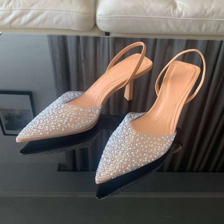 2025 NEW Fashion Summer Women Pearl Decoration Sgback Pumps Pointed Toe High Heels Sandals Elegant Woman Shoes