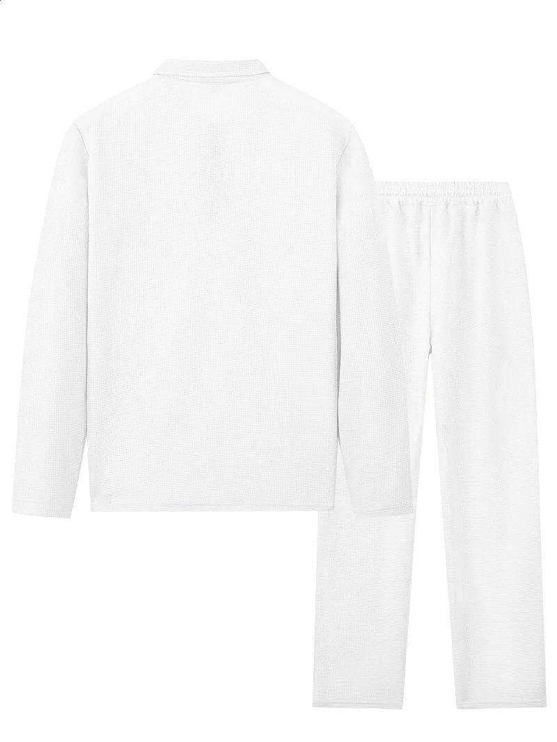 2025 Spring and Autumn Mens Waffle Set Long Sleeve Polo Shirt Fashion Casual Half Zipper Collar Solid Color 250703