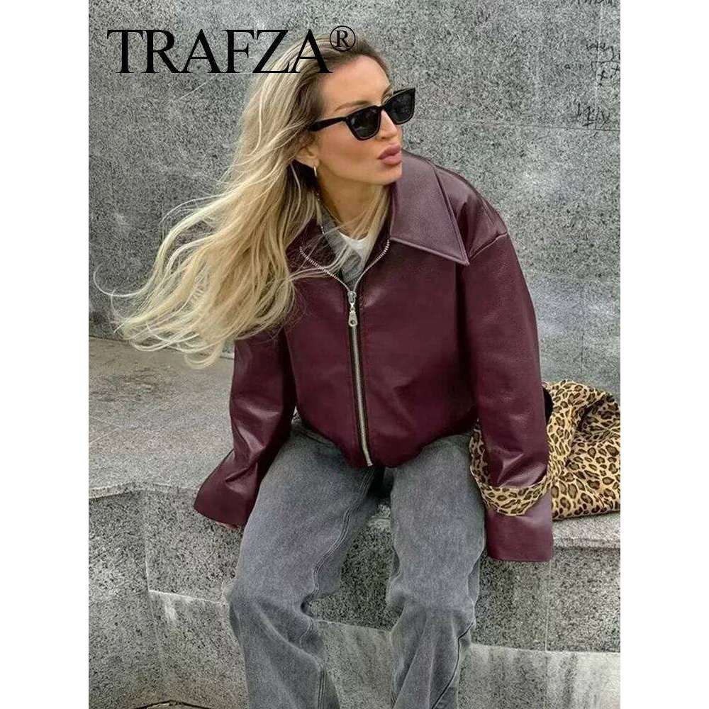 TRAFZA Women Autumn Fashion Bury Faux Leather Jackets Zipper Casual Lapel Long Sleeves Coat Female High Street PU Outerwear