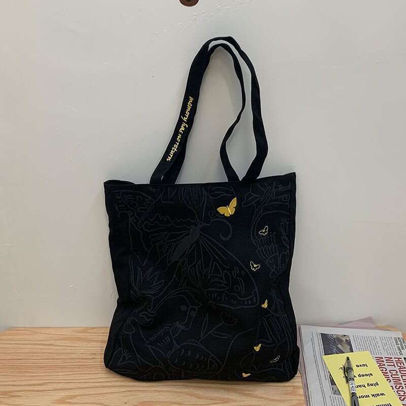 Black 2024 New Korean Fashion Versatile Fresh Style Single Shoulder Embroidered Butterfly Canvas Bag