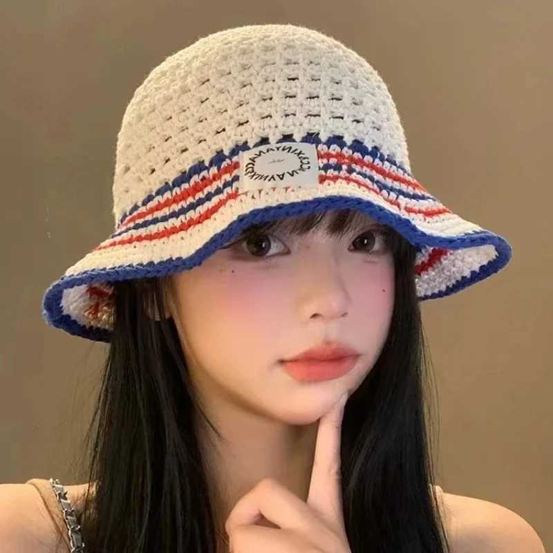 Japanese Korean Style Bucket Hat - Hand-Knitted Wool Hollow Sunshade Summer Breathable Crochet Cap for Women Fashion Sun Protection Y250707