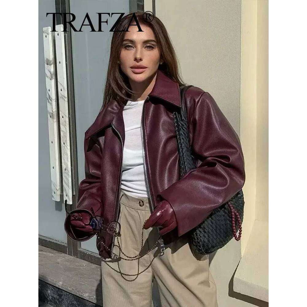 TRAFZA Women Autumn Fashion Bury Faux Leather Jackets Zipper Casual Lapel Long Sleeves Coat Female High Street PU Outerwear