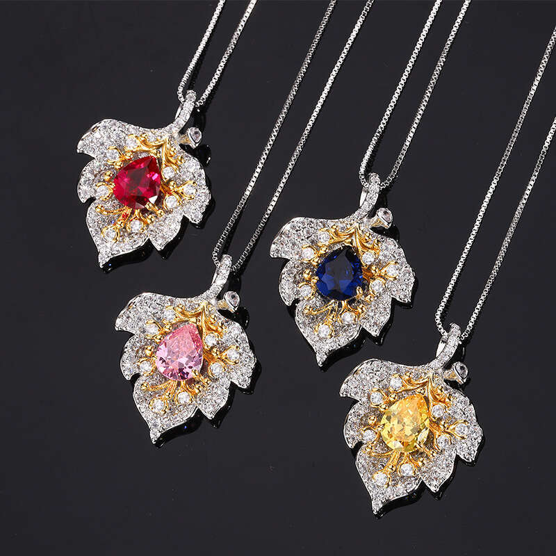 Exaggerated Colorful Gem Imitation Natural Pigeon Blood Red Royal Blue Pink Yellow Zircon Pendant Teardrop Necklace For Women E11