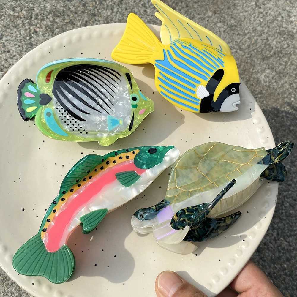 Creative Funny Acetate Tortoise Sturgeon Fish Shark Hairpin Oversize Marine Animal Barrettes Thick Hair Clip Claw Accessories Y250707