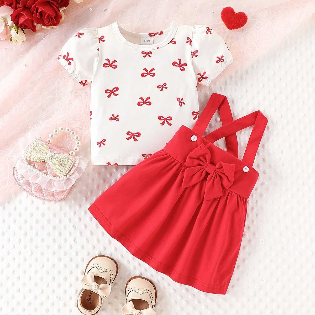 2-piece set of baby girl casual cute bow full printed bubble sleeves round neck top and bow strap skirt for summer R250707