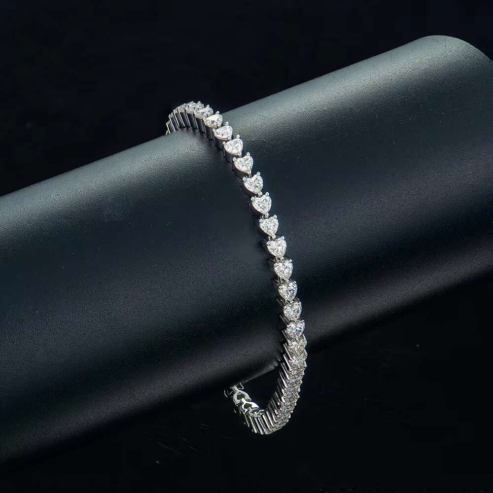 White Gold Plated Hiphop Jewelry 6mm Tennis Link Chain with 3*3 Heart Moissanite 925 Silver Bracelet