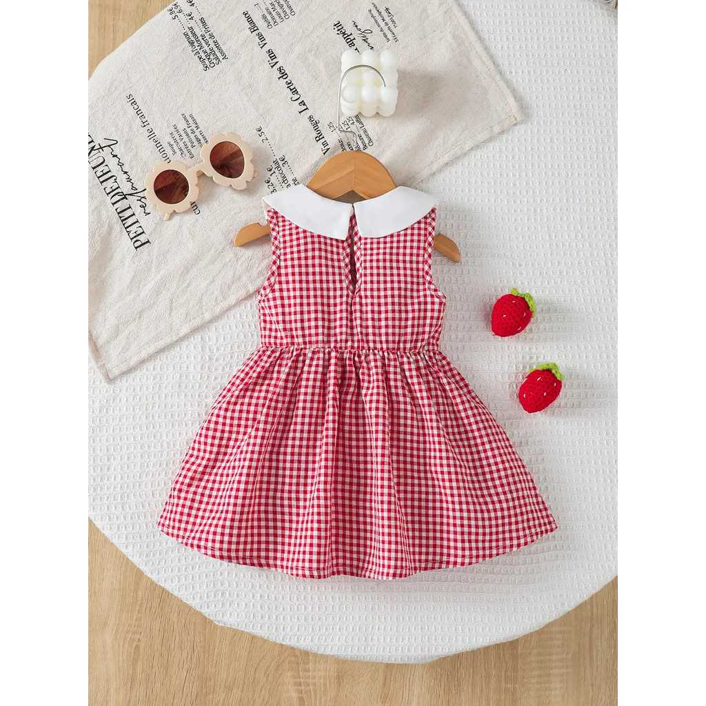 Baby Girl Dress for Infant 3-24Months Cute Strawberry Print Doll Neck Sleeveless Red Plaid Dress Summer Daily Wear Party Dresses R250707