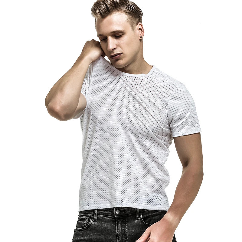 Ice mesh eye T-shirt Mens mesh breathable mesh hollow sports fitness summer quick dry loose V-neck mesh short sleeve 250617