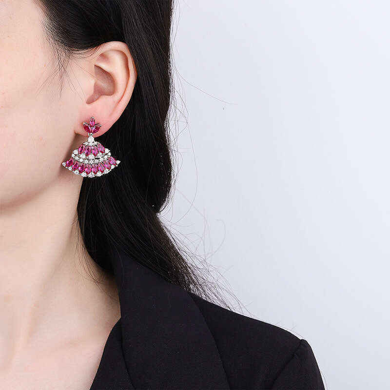 Zircon Luxurious Red Tourmaline Drop Fan-Shaped Skirt Royal Blue Earrings 095