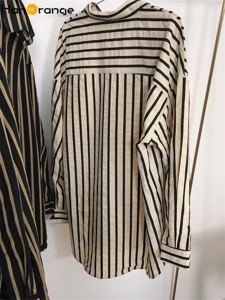 HanOrange Spring Autumn Vintage Striped Shirt Women Lapel Loose Lazy Comfortable Top Female White/Black 250616