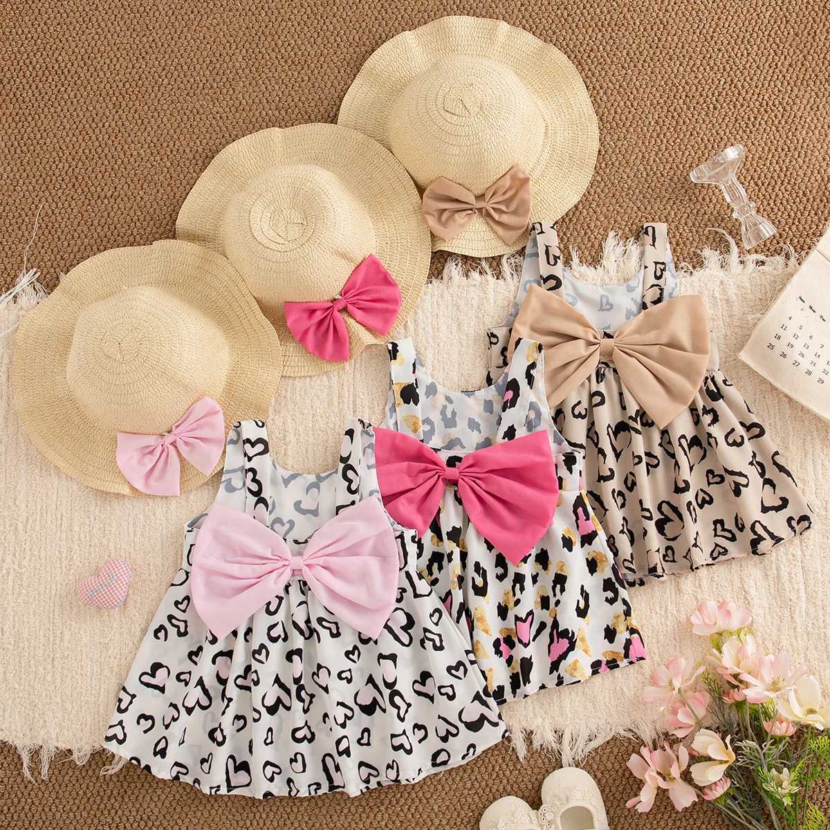 Baby Clothes Girl Summer Bow And Heart Leopard Pattern Halter Dress Cute Casual Beach Girl Kids Dress With Hat R250707