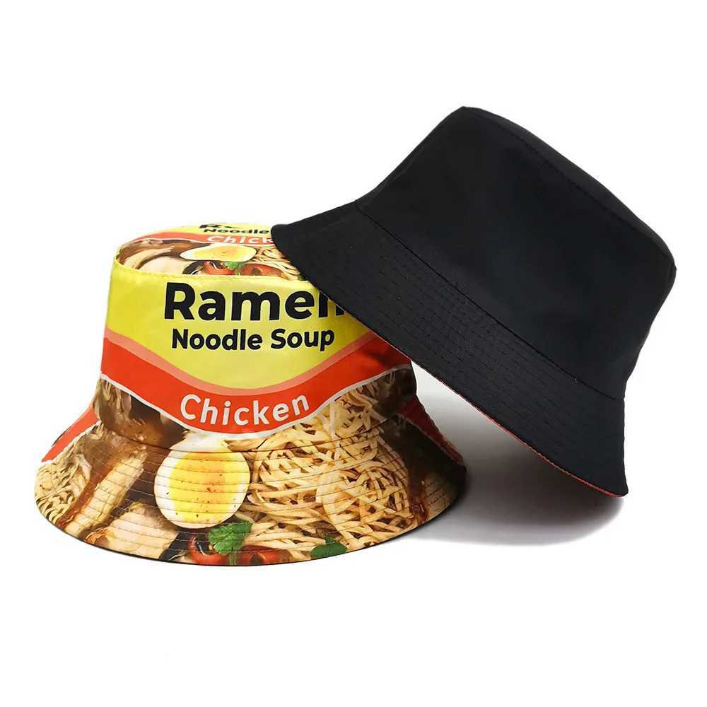 Spring Summer Outdoor Mens Sun-Proof Bucket Hat Unisex Fisherman Hat Leisure Ramen Print Hat Fashion Womens Basin Cap Y250707