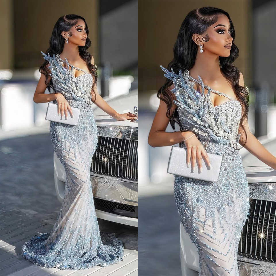 Gorgeous Crystal Mermaid Evening Dress One Shoulder Beaded Sequins Prom Gowns Sheath Sweep Train Formal Dresses Customized