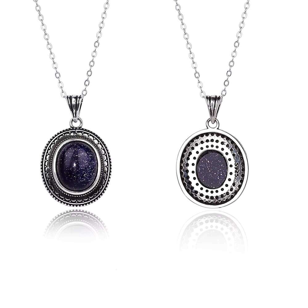 Secondhand Pure Sier Chain Large Oval Blue Sandstone Handmade Jewelry Necklace Engagement Party Gift