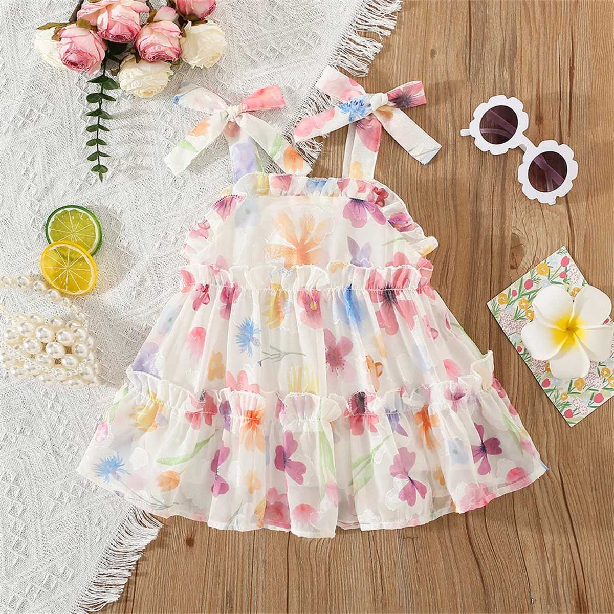 Summer Girls Dress Strap Chiffon Cool Beach Skirt Beautiful Fragmented Flower Ladies Fashion Bow Sleeveless Skirt R250707