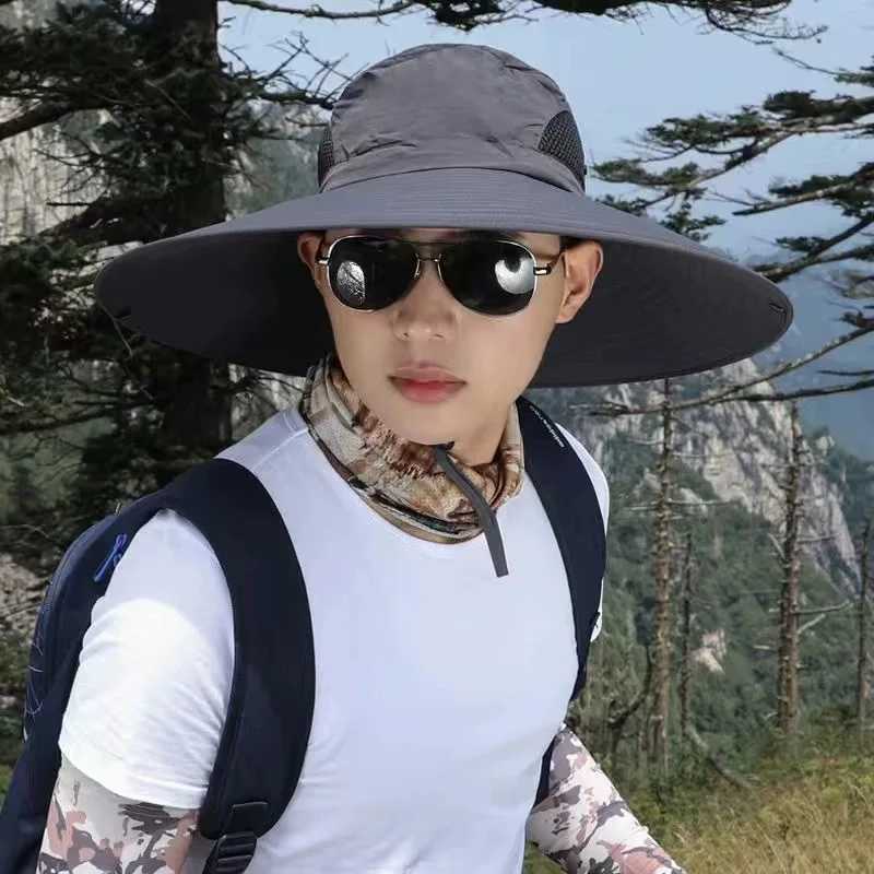 15cm Large Cap Polyester Sun Hat UV Protection Breathable Mesh Cap Foldable Fisherman Hat Outdoor Fishing Hiking Beach Caps Y250707