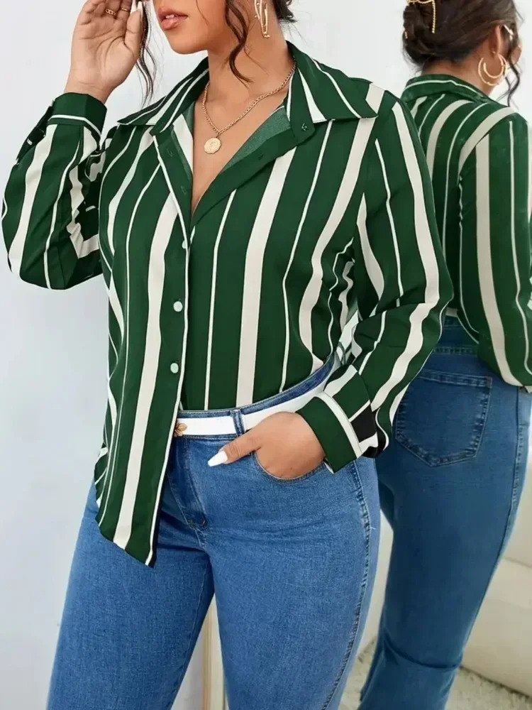 Plus Size Women Shirt Womens Striped Printed Temperament Shirt Slim Womens Shirt Long Sleeve Streetwear Tops 250616