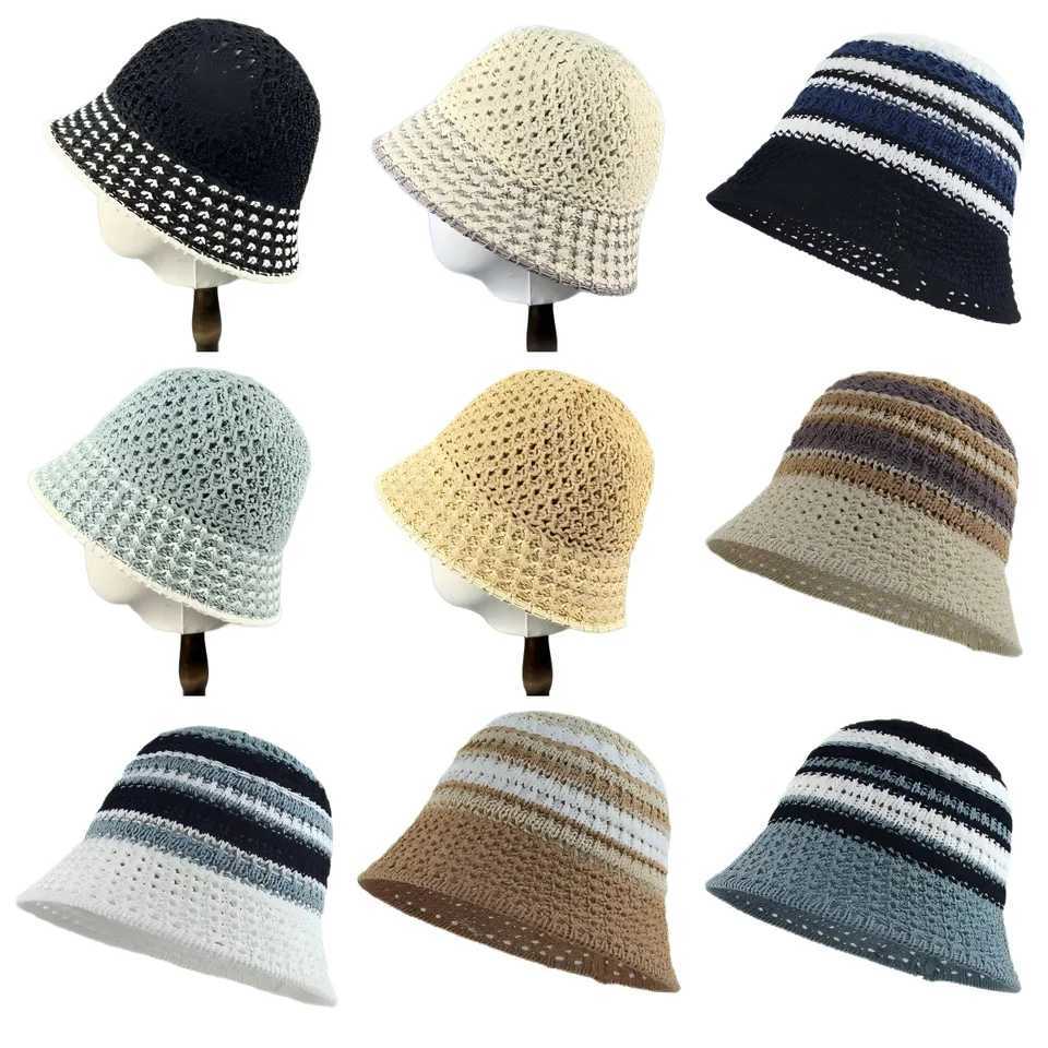 Spring Summer Straw Sun Hat for Women Hollow Colorful Striped Bucket Hat Outdoor Fisherman Hat Beach Travel Panama Caps Mom Gift Y250707