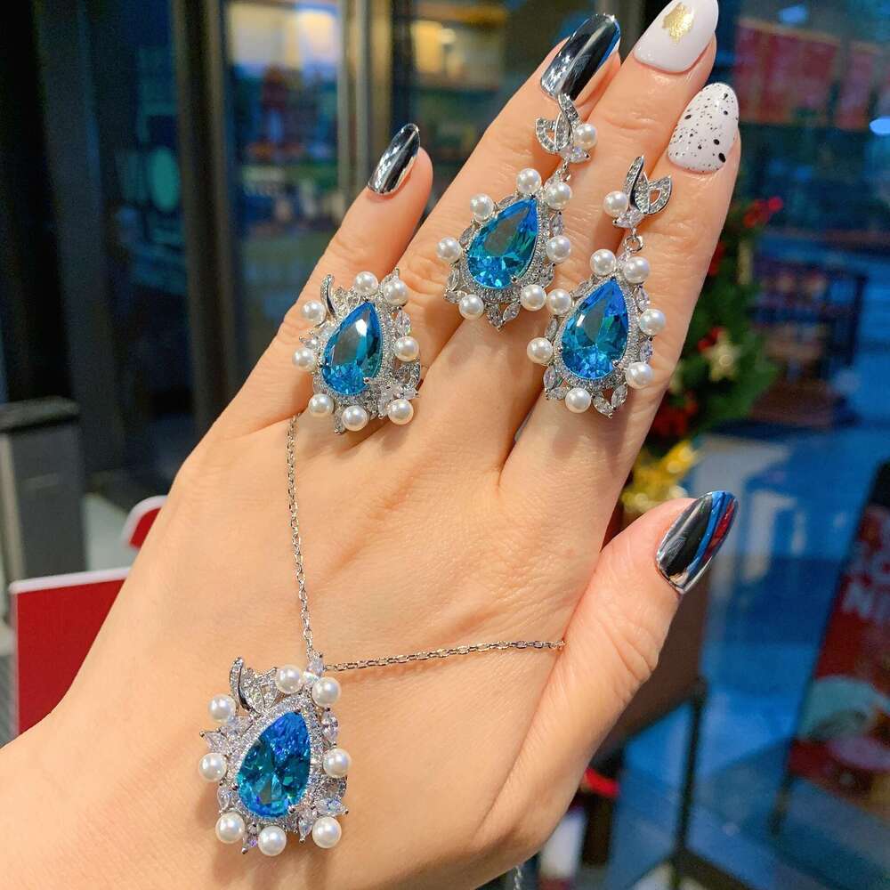 Three-Piece Set Tiktok Live Zircon Earrings Micro-Paved Pearl Aquamarine Necklace Gemstone Ring E03