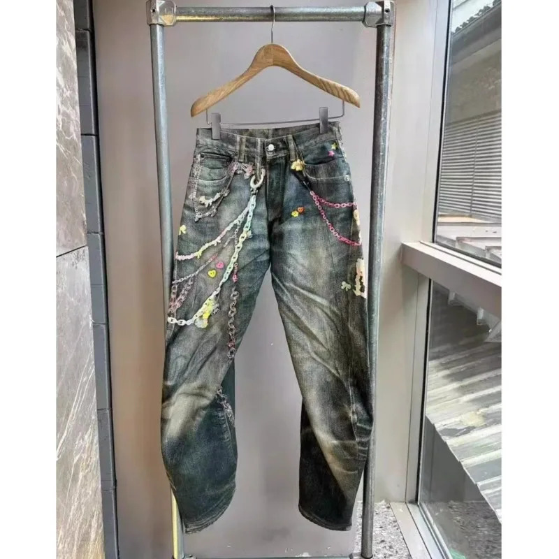 Casual American Hip-hop Washing Jeans Candy Chain 3D Printed Super Large Straight Wide-leg Pants Men Fashion Clothing Women 250707