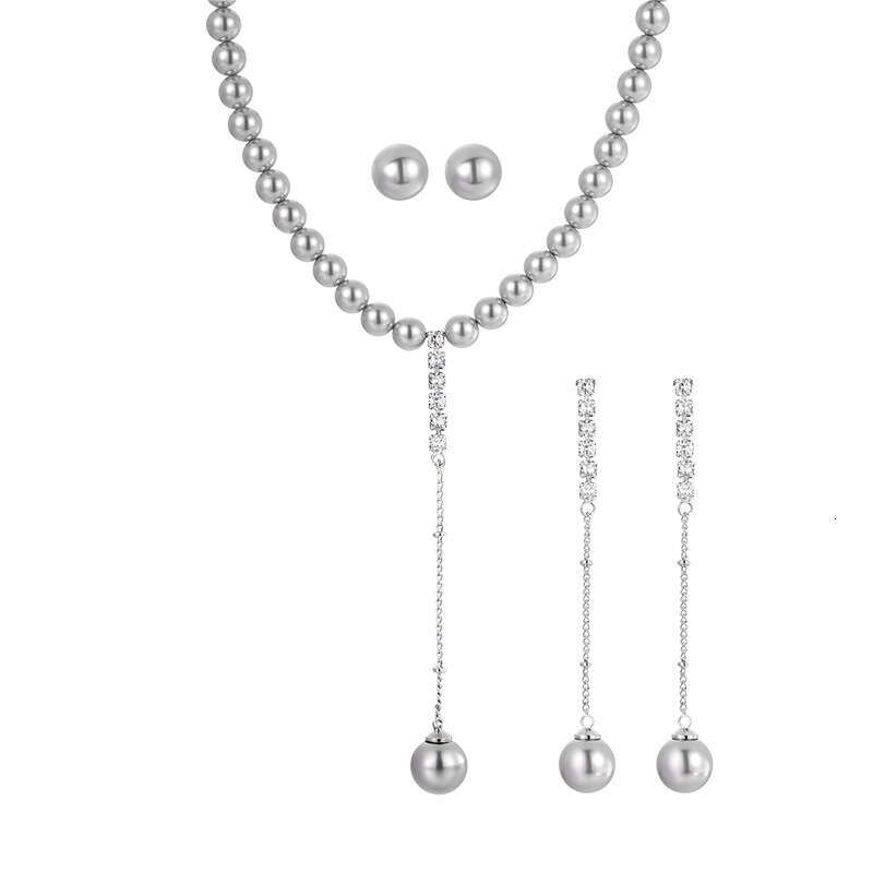 Straight S Sier Needle Imitation Pearl Set Necklace And Earrings For Women Versatile Elegant High-End Feel 684