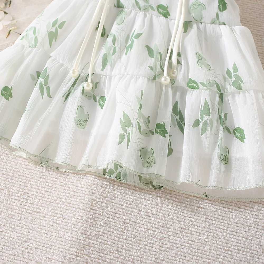 Summer New Girl Baby Dress Hand-painted Green Light and Thin Mesh Flower Small Flying Sleeves Chinese Sweet Princess Dress R250707