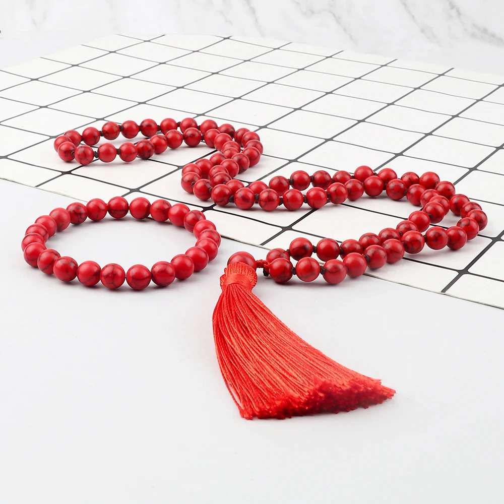 8mm Natural Black Line Red Pine Necklaces Set Fashion Handmade Knotted Tassel Pendant Charm Beaded Bracelet Yoga Spirit Jewelry 250704