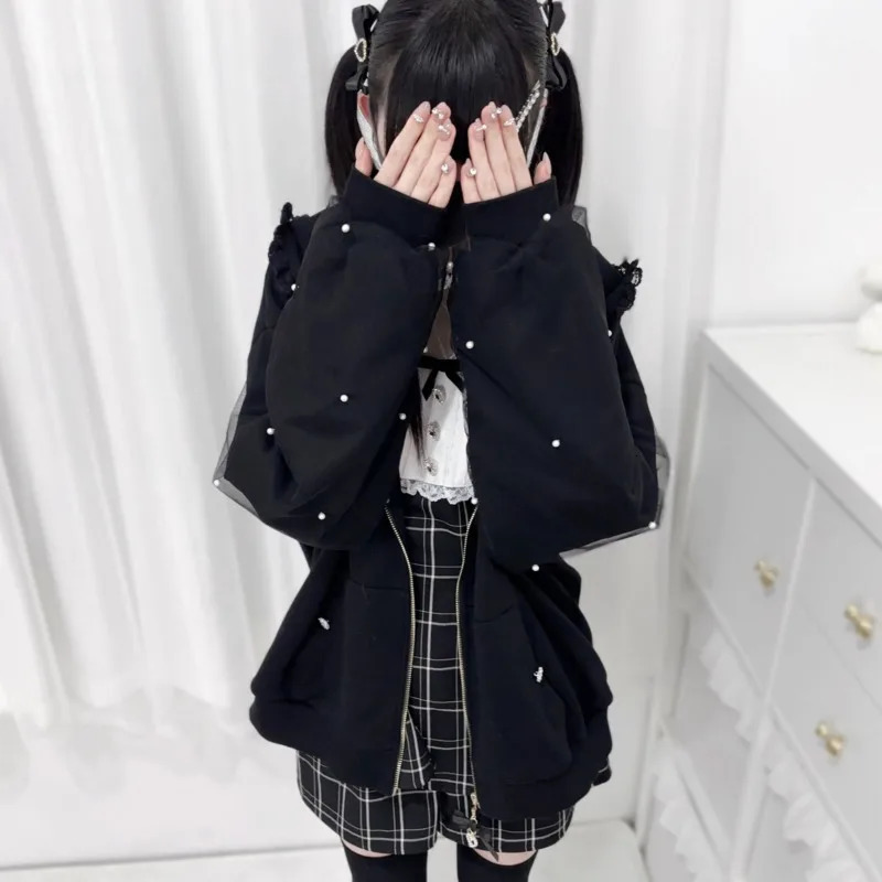 Bunny Hoodie Hoodies Y2K Rabbit Ear Hoodie Lolita Jacket Bow Girls Pearl JK Japan Lace Kawaii Zipper Cardigan Long Sleeved Top 250708