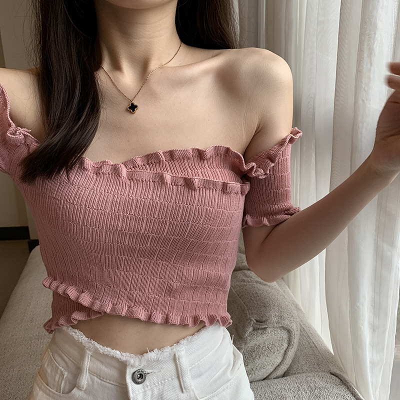 2025 Summer new women's T-shirt pleated short cut top high waist tight V-neck off shoulder cross knit women's new designer T-shirt