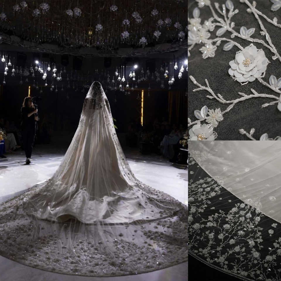 Graceful 3 Meters White Ivory Wedding Veils with Appliques Pearls Sequins Long Lace Edge Bridal Head Veil with Comb For Marriage Bride Women's Ac