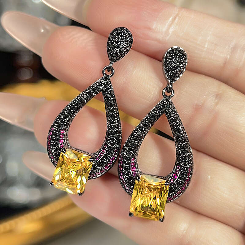 Jewelry Live Room Same Style Black Gold Plated Colorful Gemstone Luxurious Exaggerated Blue Topaz Stud Earrings For Women 674
