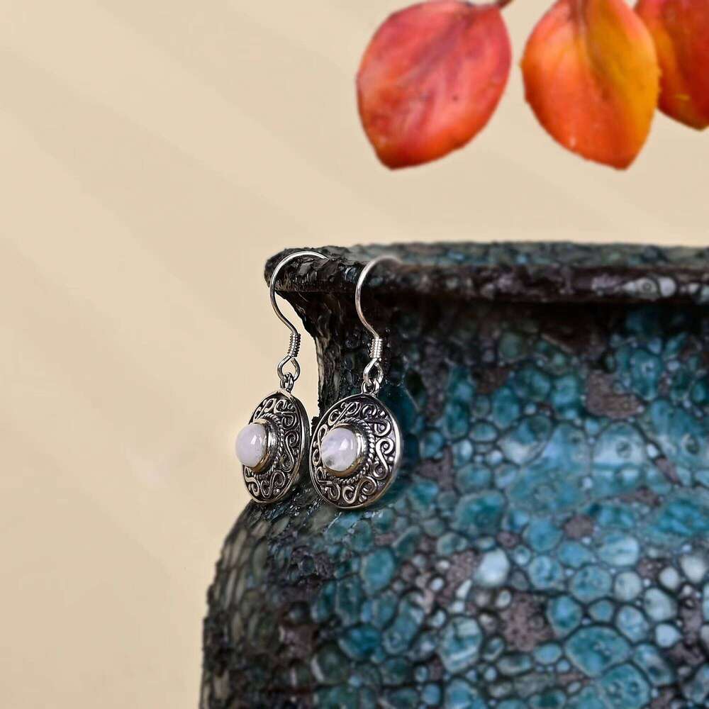 Ethnic Sier Earrings, Round Moonstone, Suitable for Women's Fine Jewelry Gifts