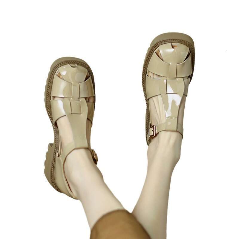 Woyou 2025 Thick-Soled Closed-Toe Sandals for Women Summer Chunky High Heel British Style Small Leather Hollow Roman Shoes