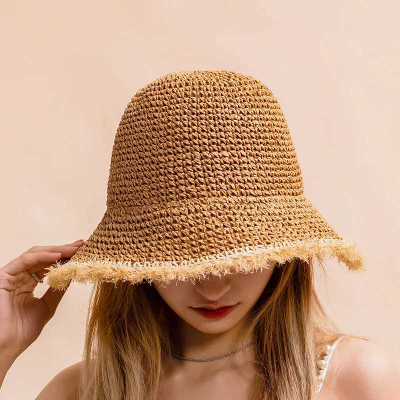 Crochet Straw Hat for Women Summer Handmade Hollow Out Panama Raffia Paper Tassel Edge Beach Hats UV Protect Foldable Sun Visor Y250707