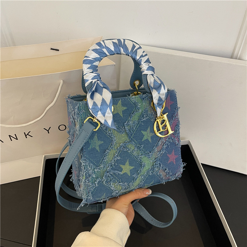 Designer 2025 New Small Chanel Style Denim Fabric Star Diamond Gift Waiting Handbag Shoulder Light Luxury Women's Bag