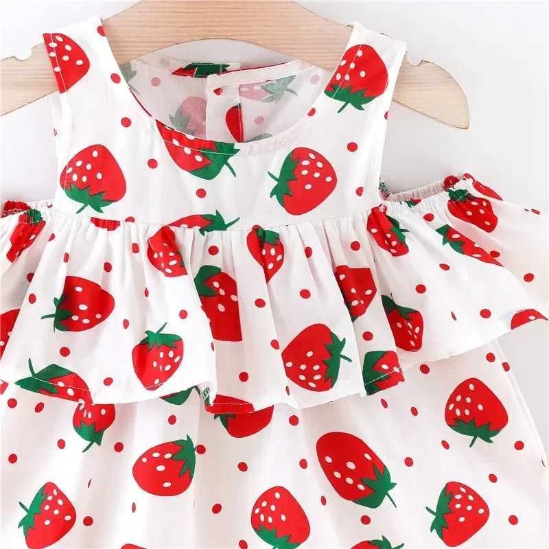 Summer New Girls Dress Strawberry Pattern Polka Dot Lace Pleated Round Neck Sweet Dress (0-3 Years Old Girls) R250707