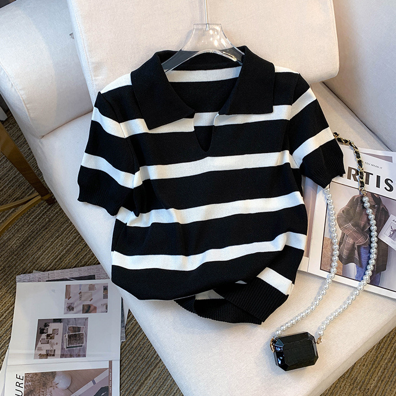 2025 Summer new women's T-shirt, new striped V-neck short sleeved T-shirt, summer new knitted top, women's new designer T-shirt