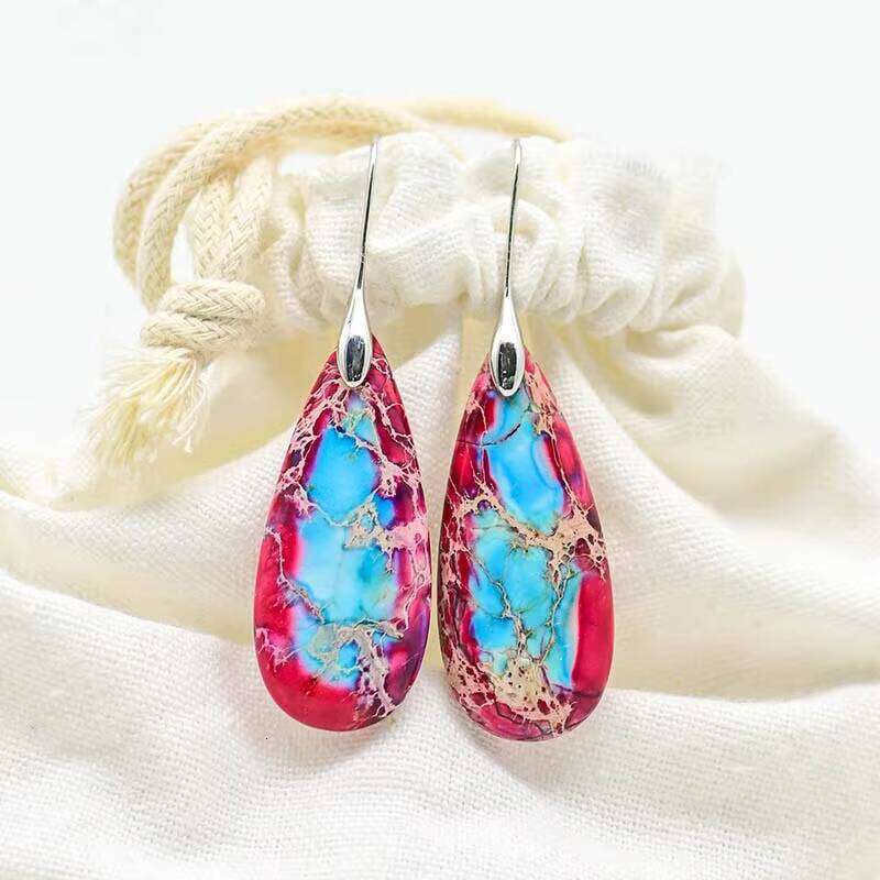 Natural Stone Red and Blue Matching Colorful Earrings Water Drop Studs - Shipped