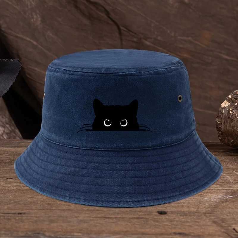 Tsute Black Cat Print Pattern Fisherman Hat With Vintage Style Suitable for Outdoor Travel for Men and Women Y250707