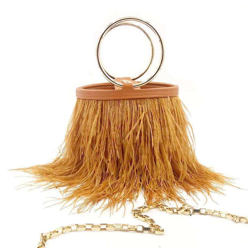 Real Feathers Bucket Evening Bags Fashion One Shoulder Handbag Chain Ostrich Feather Ring Bag