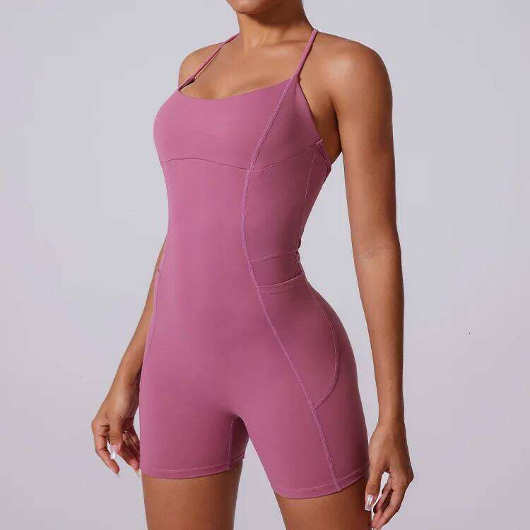 Sexy Hollow Backless Sporty Bodycon Short Jumpsuit with Pocket Women Unitard Gym Romper Sleeveless Yoga Fiess Overalls Black