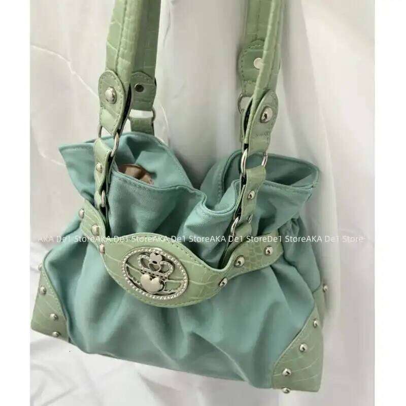 Belt Design Streetwear Green Zipper Y2k Girl Shoulder Pleated Fashion Underarm Bags Rivet Gothic Women's Handbags