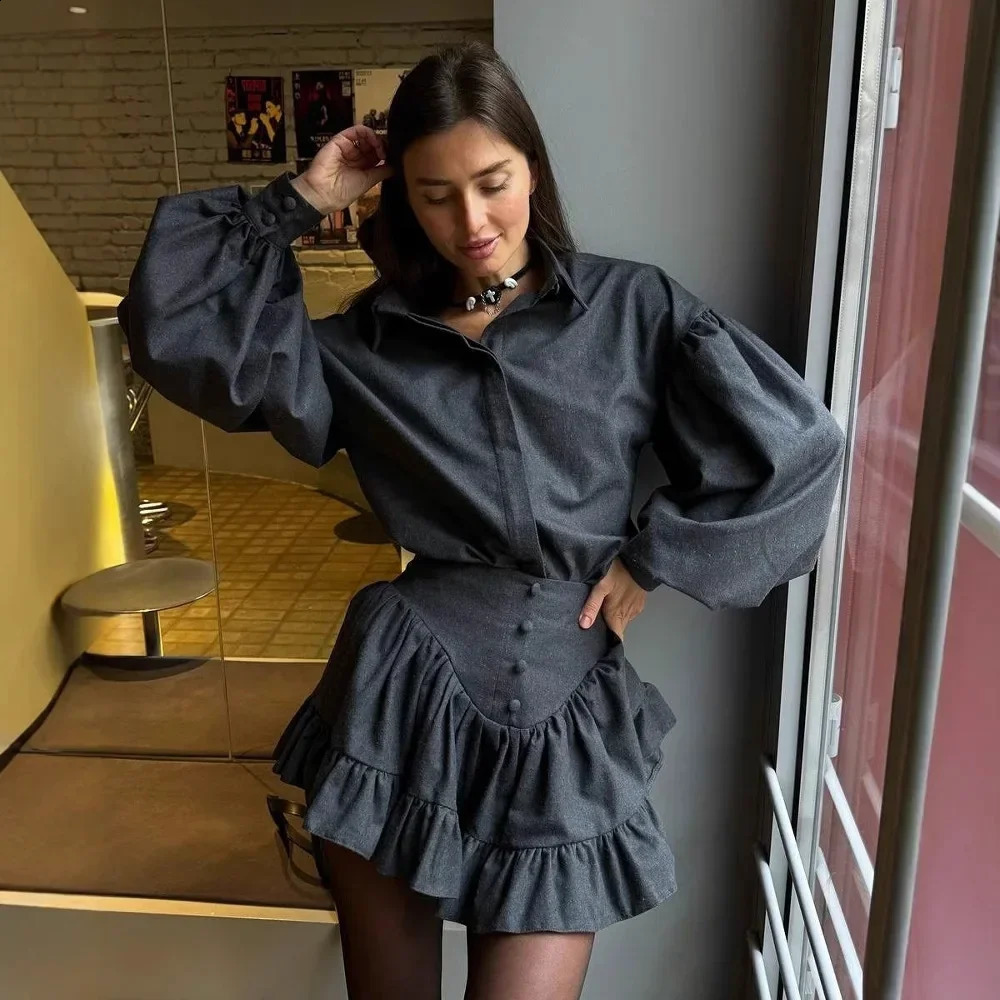 2025 Elegantsuit Womens Clothing Set High-End Feel Spring Plaid Sensibility Ruffle Edge Mini Dress 2-Piece Wholesale 250703