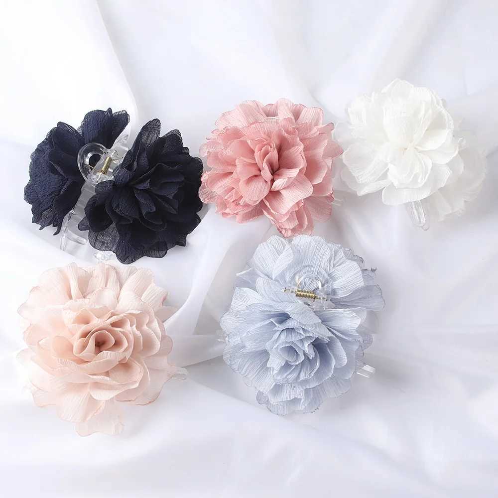 Fabric Big Flower Hair Claw Clips Women Girls Soft Chiffon Flowers Ponytail Holder Hair Clips Barrette Fashion Hair Accessories Y250707