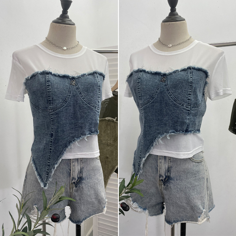 2025 Summer new women's T-shirt denim splicing niche short sleeved T-shirt summer fashion irregular high waist slim fit top new designer T-shirt