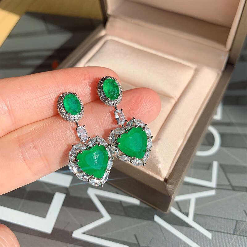Heart Paraiba Socialite Imitation Emerald Micro Pave Zircon Earrings 2B7