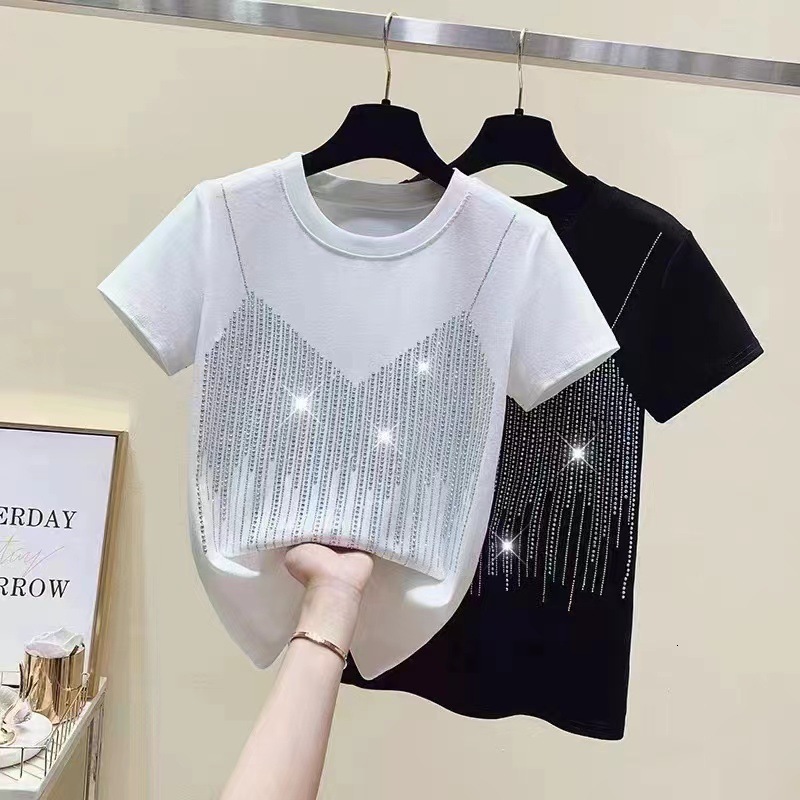 2025 Summer New Women's T-shirt Embroidered Diamond Anti Strap Short Sleeve Women's T-shirt Summer New Large Round Neck New Designer T-shirt