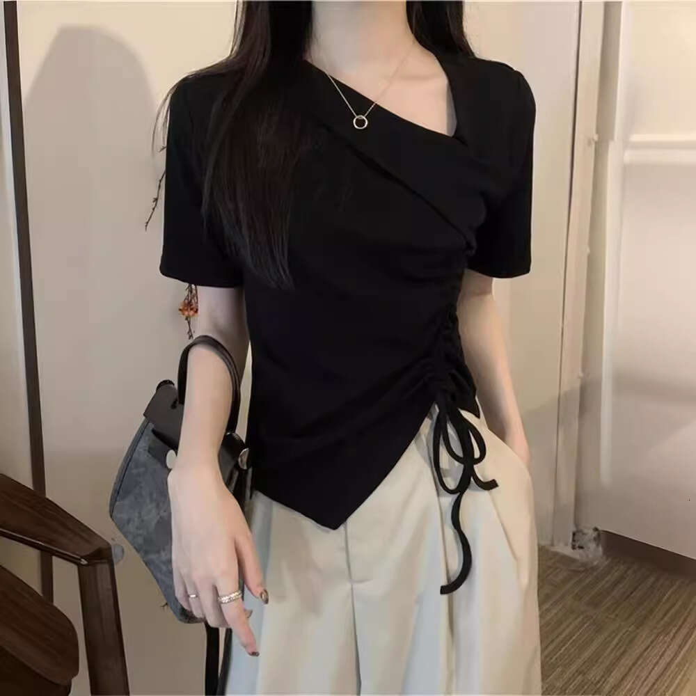New Korean Style Sweet Elegant Design Sense Niche Irregular Drawstring Unique V-Neck Short Sleeve T-Shirt Top For Women B5