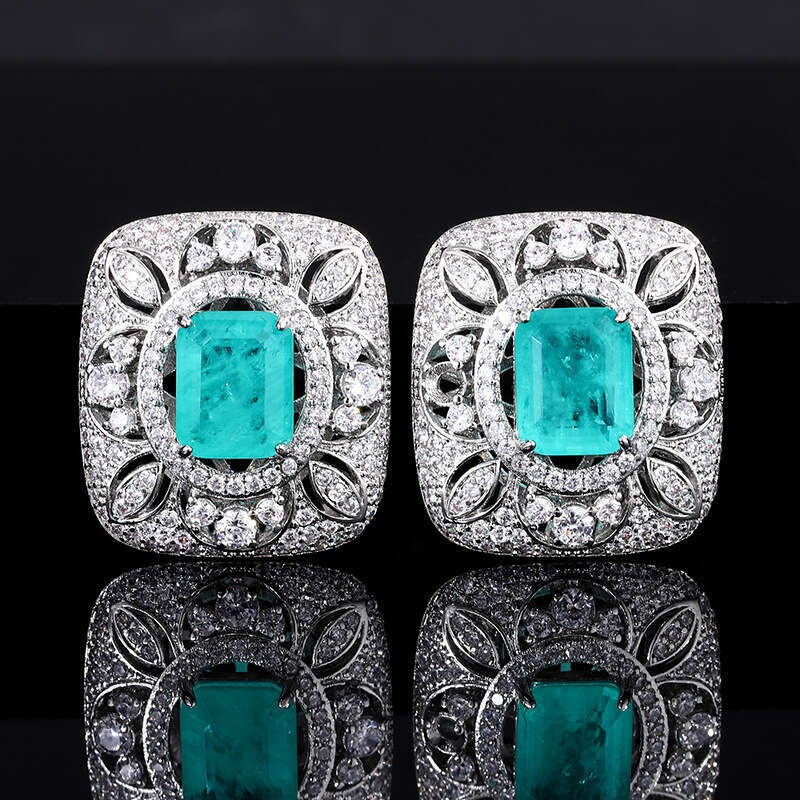 Square Full Dia Zircon Earrings For Women Hollow Paraiba Necklace Pendant Faux Jewelry Set Ring F5f