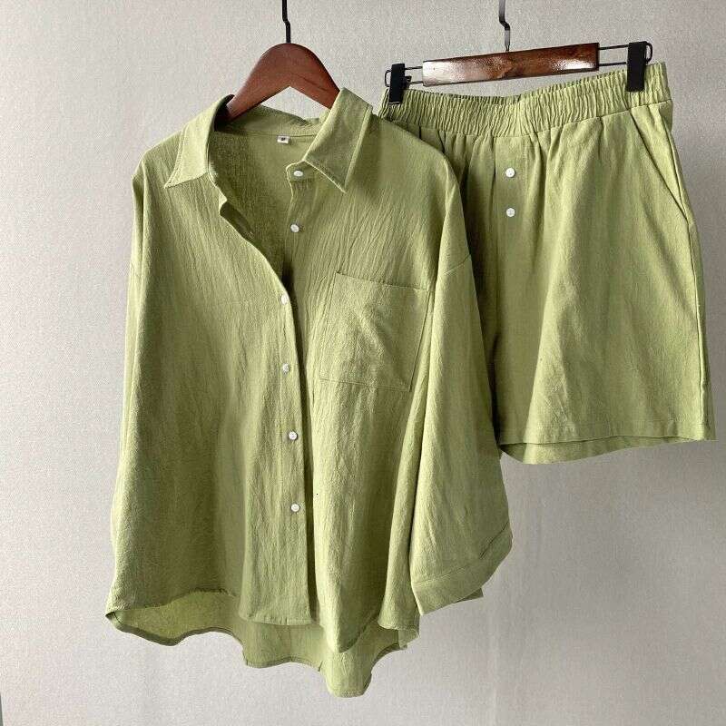 Cotton And Linen Solid Color Shirt Two-Piece Set Plus Size Top Shorts New Fashion Women's Outfit B5